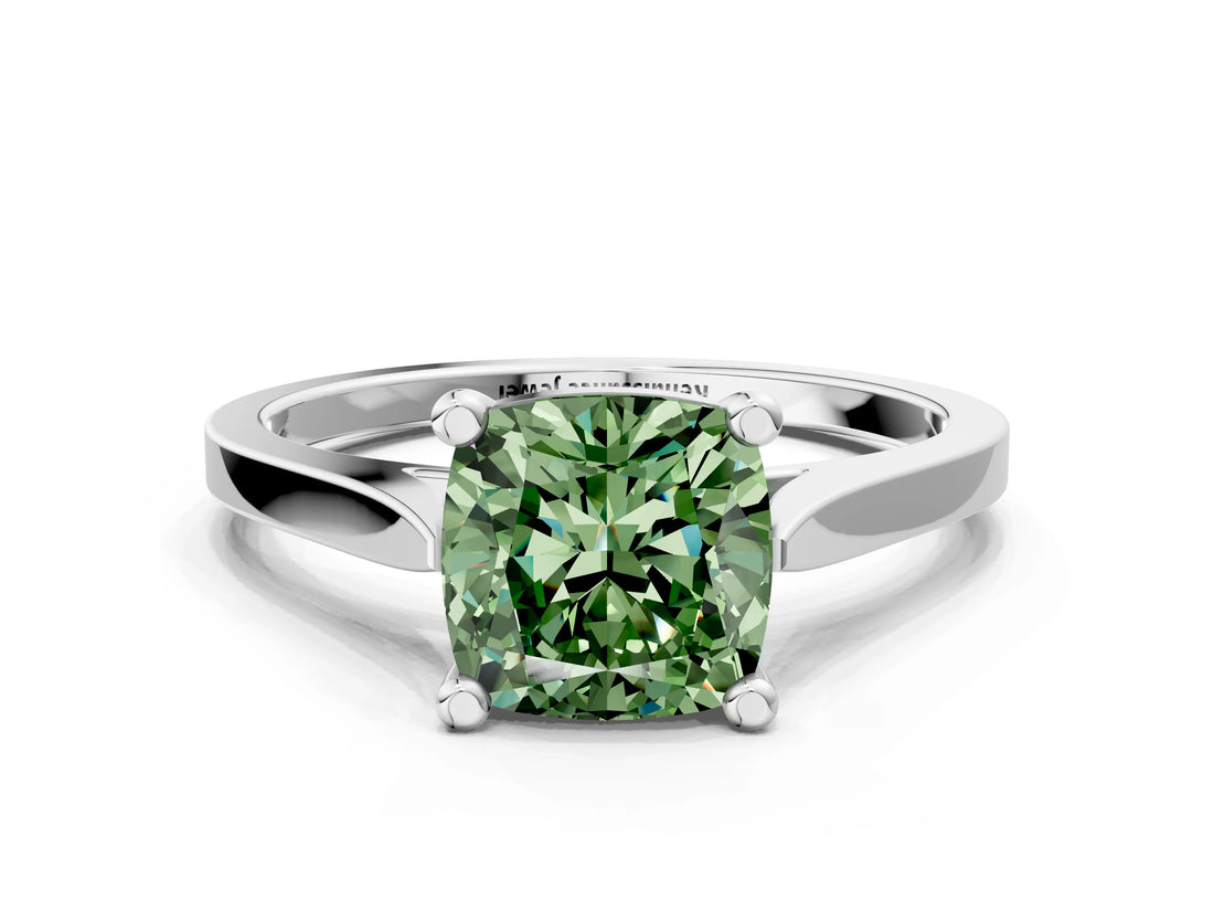 Platinum Fancy Green Cushion  Solitaire Diamond Ring with Four-Prong Setting and Tapered Band 1