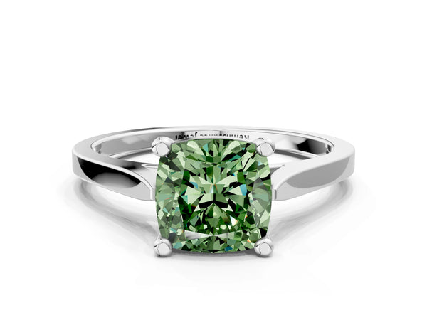 Platinum Fancy Green Cushion  Solitaire Diamond Ring with Four-Prong Setting and Tapered Band