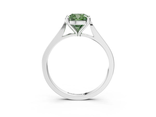 Platinum Fancy Green Cushion  Solitaire Diamond Ring with Four-Prong Setting and Tapered Band