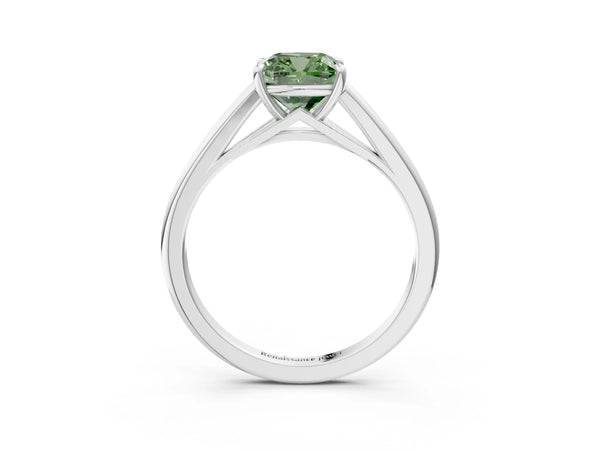 Platinum Fancy Green Cushion  Solitaire Engagement Ring with Four-Prong Setting and Classic Band