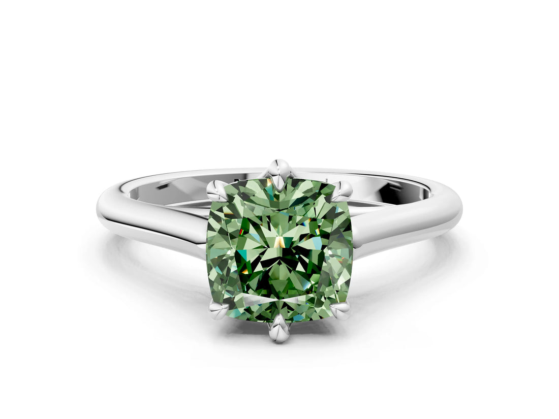 Platinum Fancy Green Cushion  Solitaire Engagement Ring with Six-Prong Setting and Classic Band
