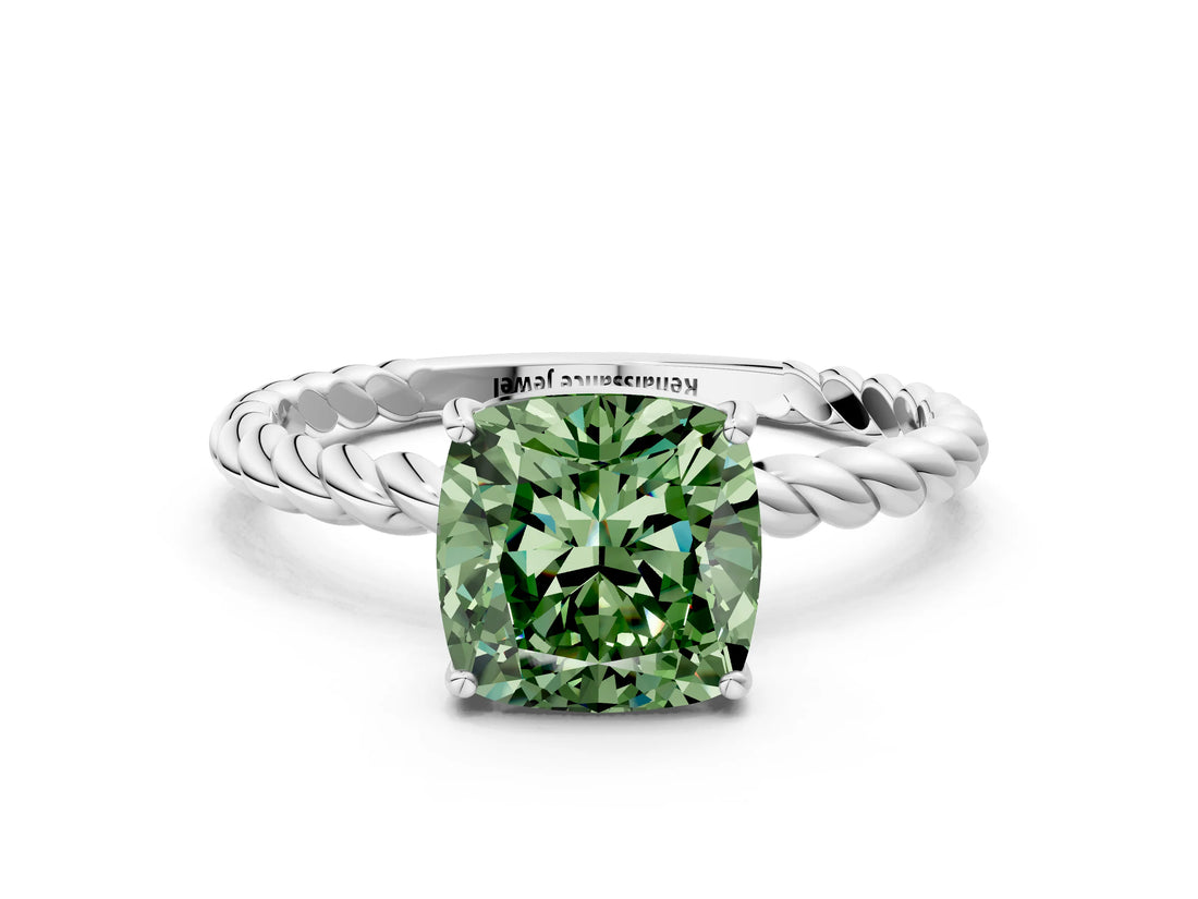 Platinum Fancy Green Cushion  Solitaire Twist Band Ring with Four-Prong Setting