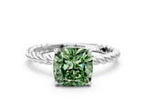 Platinum Fancy Green Cushion  Solitaire Twist Band Ring with Four-Prong Setting