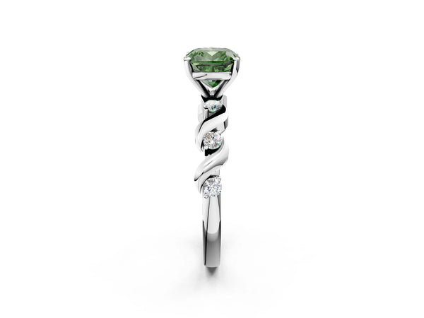 Platinum Fancy Green Cushion  Solitaire Twisted Band with Prong Setting