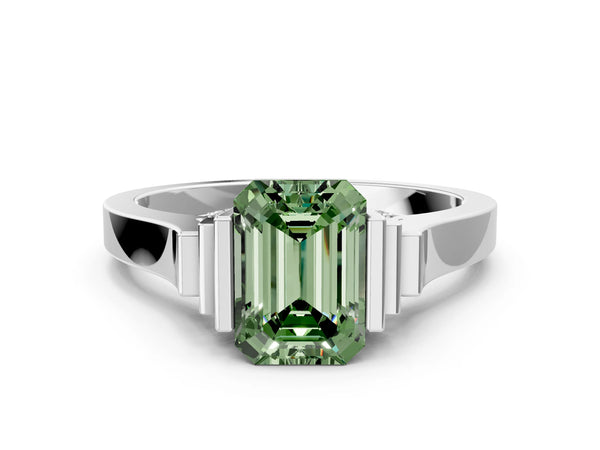 Platinum Fancy Green Emerald Cut Brilliant Solitaire Diamond Ring with Channel Set Band and Bar Prong Setting