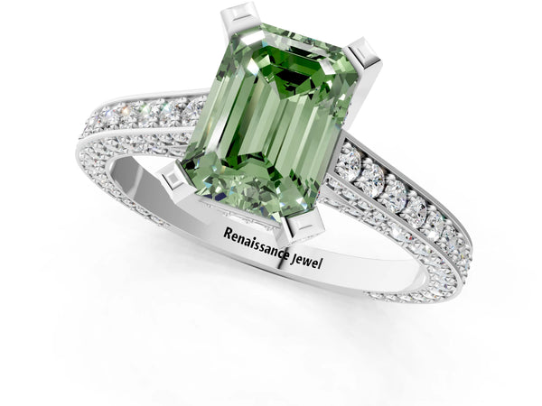 Platinum Fancy Green Emerald Cut Brilliant Split Shank Pave Solitaire Ring with Four-Prong Setting