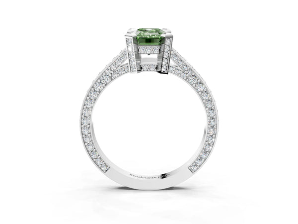 Platinum Fancy Green Emerald Cut Brilliant Split Shank Pave Solitaire Ring with Four-Prong Setting