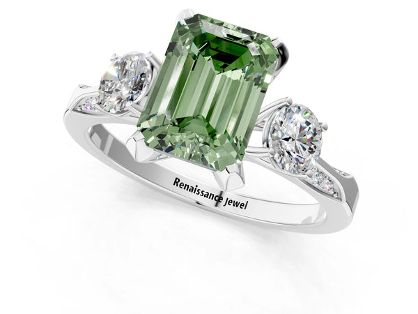 Platinum Emerald Cut Three Stone Hidden Halo Engagement Ring Setting for Fancy Green Center