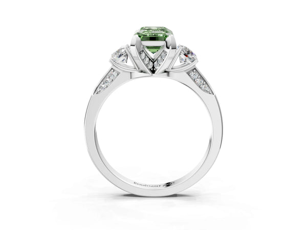 Platinum Emerald Cut Three Stone Hidden Halo Engagement Ring Setting for Fancy Green Center