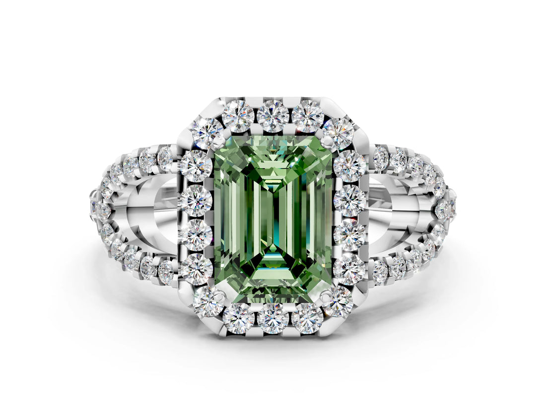 Platinum Fancy Green Emerald Cut Cut Diamond Halo Engagement Ring with Open Split Pavé Band_6