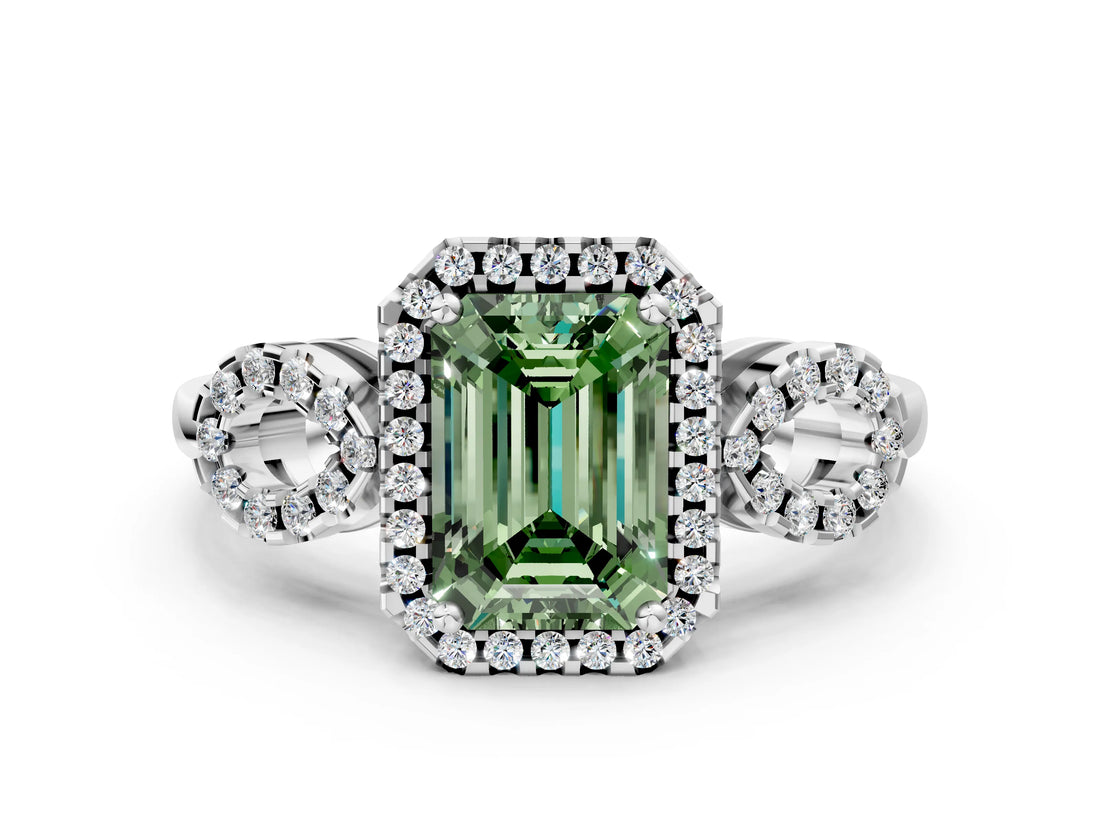 Platinum Fancy Green Emerald Cut Cut Halo Diamond Infinity Band with Four-Prong Setting_12