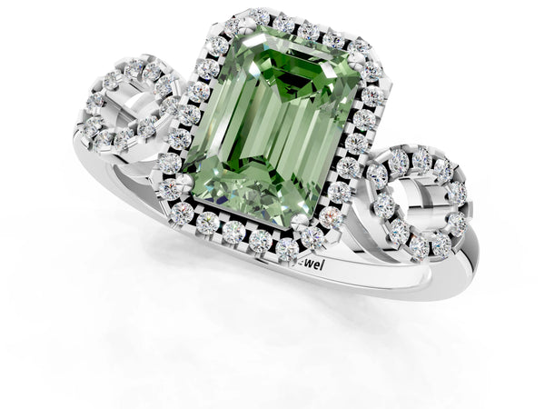 Platinum Emerald Cut Pave Infinity Halo Engagement Ring Setting for Fancy Green Center
