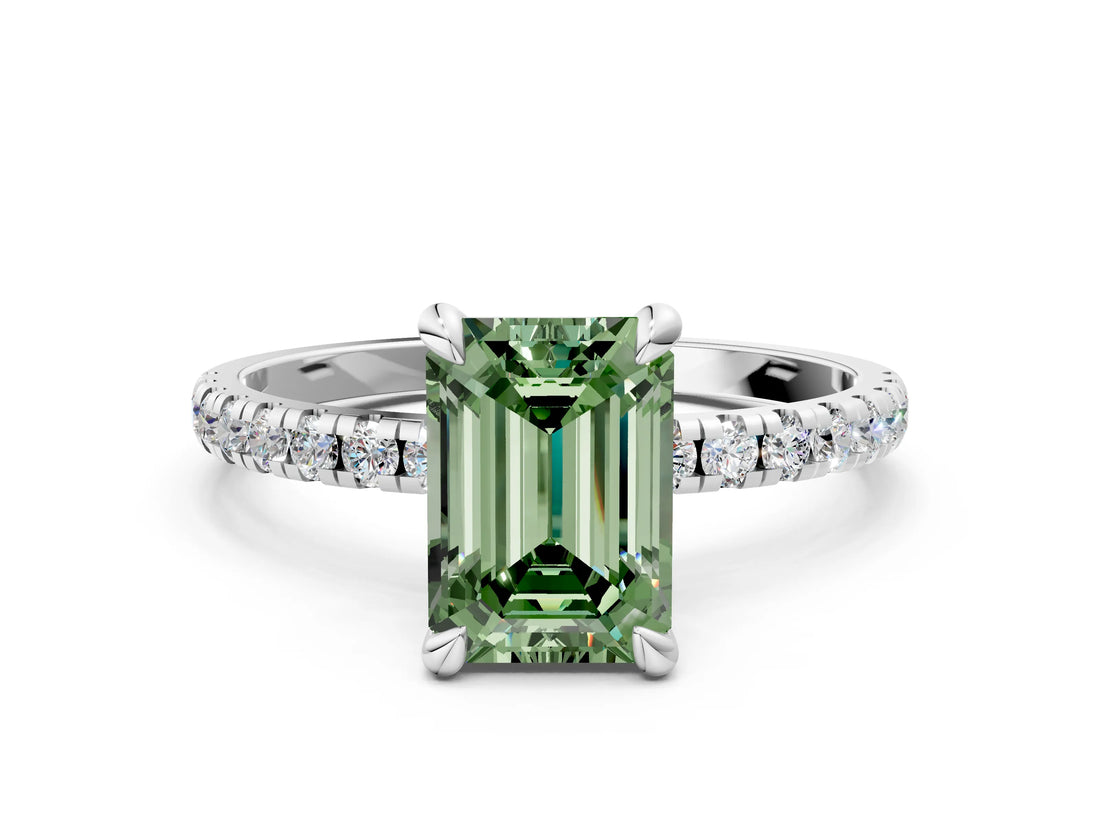 Platinum Fancy Green Emerald Cut Diamond Brilliant Solitaire Ring with Pavé Band and Four-Prong Setting_36