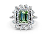 Platinum Fancy Green Emerald Cut Diamond Floral Double Halo Engagement Ring with Prong Setting_133