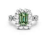 Platinum Fancy Green Emerald  Cut Diamond Floral Halo Engagement Ring with Shared Prong Setting