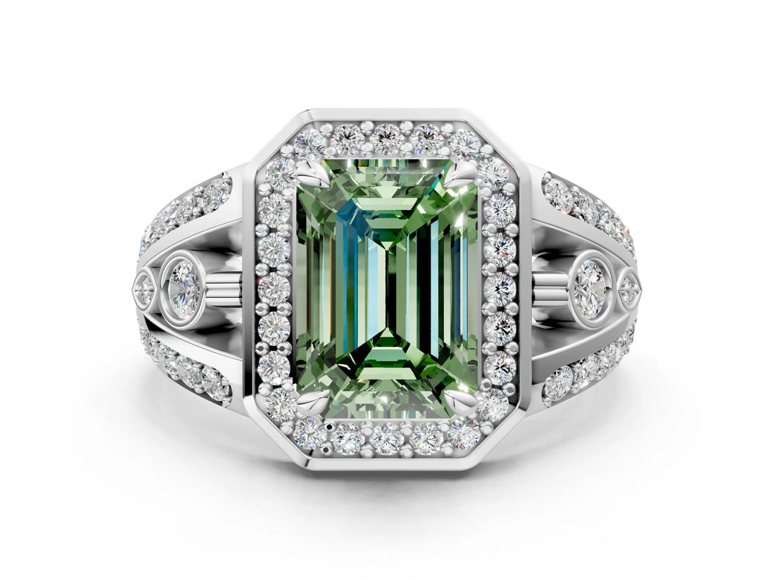 Platinum Fancy Green Emerald Cut Diamond Halo Ring with Split Shank and Bezel Accents and Four-Prong Setting_6