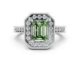 Platinum Fancy Green Emerald Cut Diamond Milgrain Halo Engagement Ring with Round Pavé Band and Prong Setting_12