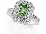 Platinum Fancy Green Emerald Cut Diamond Milgrain Halo Engagement Ring with Round Pavé Band and Prong Setting_13