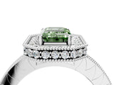 Platinum Fancy Green Emerald Cut Diamond Milgrain Halo Engagement Ring with Round Pavé Band and Prong Setting_16