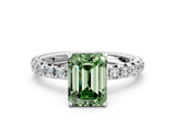 Platinum Fancy Green Emerald Cut Diamond Pavé Solitaire Ring with Round Band and Prong Setting