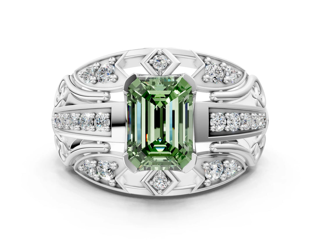 Platinum Fancy Green Emerald Cut Diamond Pave Art Deco Split Shank Ring with Four-Prong Setting_6