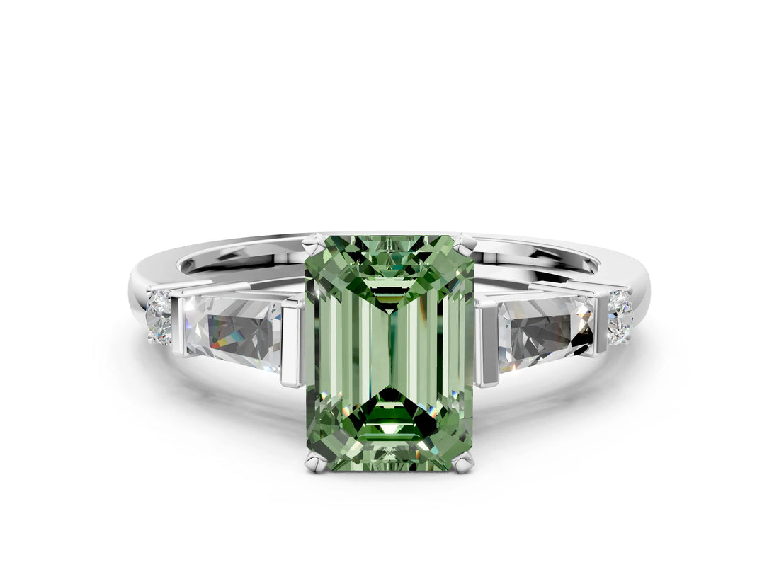Platinum Fancy Green Emerald  Cut Diamond Ring with Baguette Side Stones, Channel Set Band, and Four-Prong Setting_24