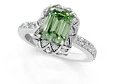 Platinum Fancy Green Emerald Cut Diamond Scalloped Halo Engagement Ring with Round Shared Prong Band_1