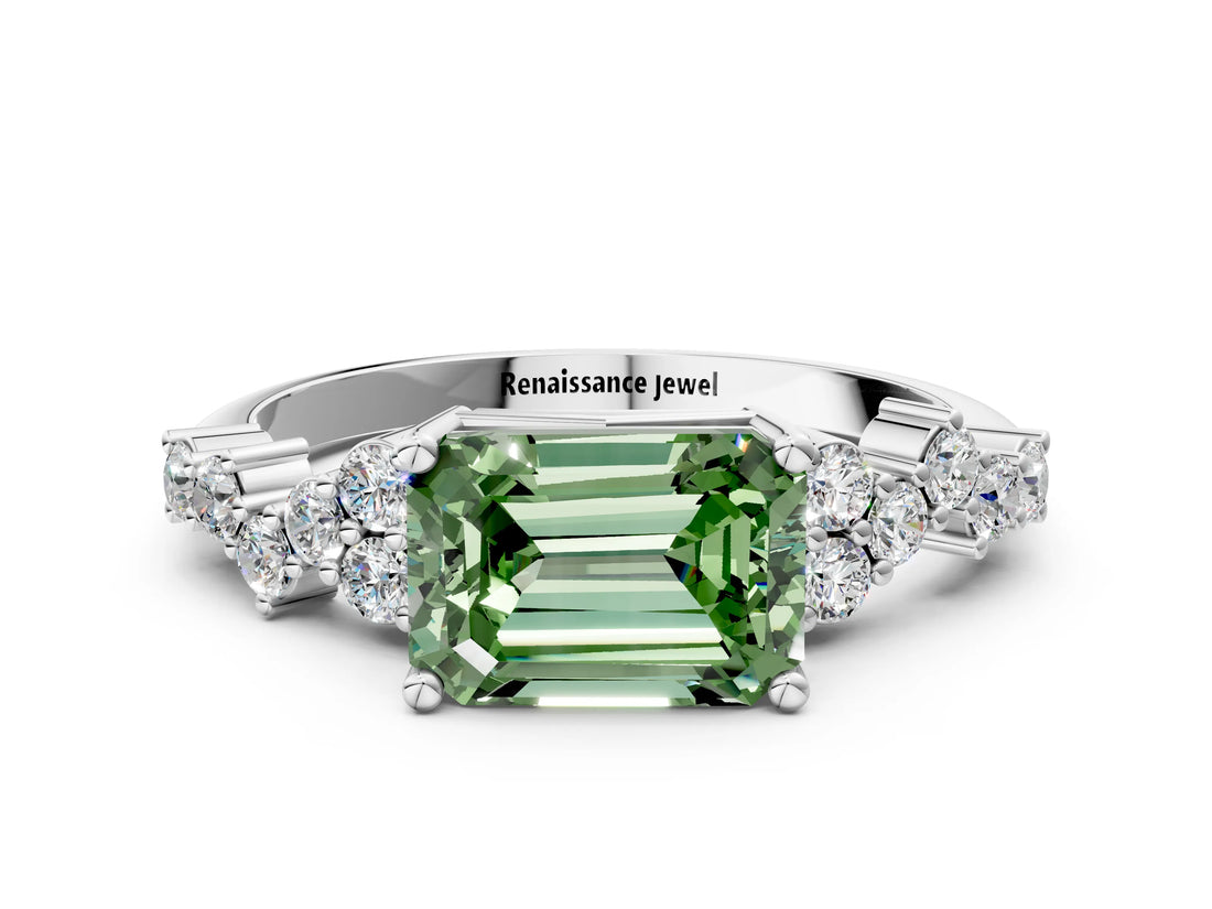 Platinum Fancy Green Emerald Cut Diamond Scattered Round Accent Ring with Prong Setting_12