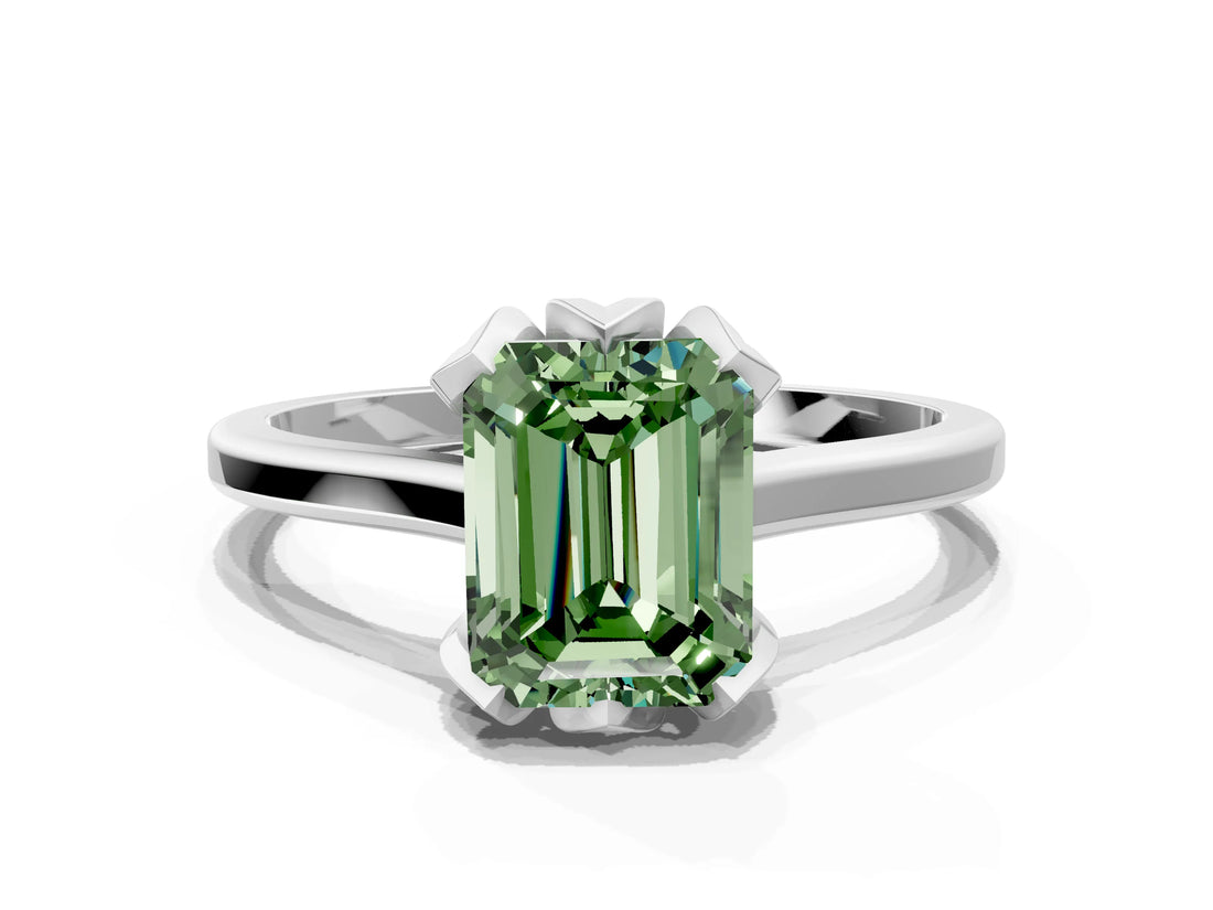 Platinum Fancy Green Emerald Cut Diamond Solitaire Ring with Flower Prong Setting and Classic Band_13