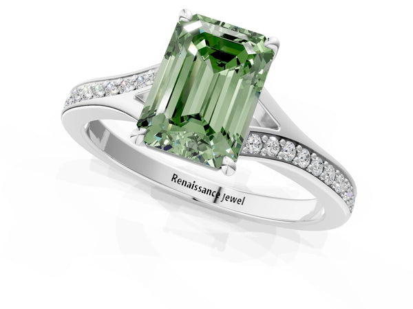 Platinum Emerald Cut Pave Solitaire Engagement Ring Setting for Fancy Green Center with Sweeping Shoulders