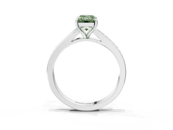 Platinum Emerald Cut Pave Solitaire Engagement Ring Setting for Fancy Green Center with Sweeping Shoulders