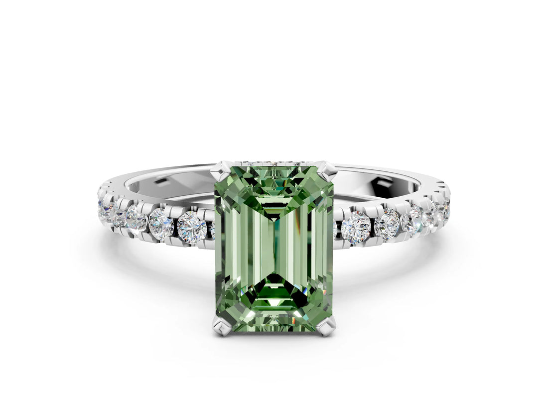 Platinum Fancy Green Emerald Cut Diamond Solitaire Ring with Round  Pavé Band and Four-Prong Setting_36