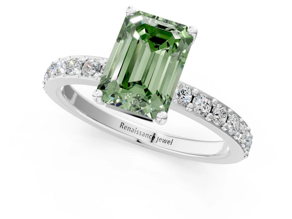 Platinum Fancy Green Emerald  Cut Diamond Solitaire with Pave Band and Four-Prong Setting