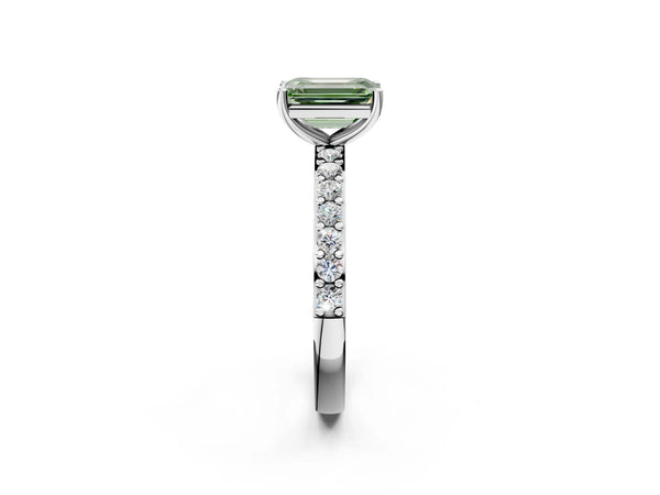 Platinum Fancy Green Emerald  Cut Diamond Solitaire with Pave Band and Four-Prong Setting