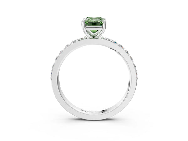 Platinum Fancy Green Emerald  Cut Diamond Solitaire with Pave Band and Four-Prong Setting