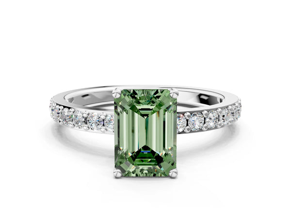Platinum Fancy Green Emerald  Cut Diamond Solitaire with Pave Band and Four-Prong Setting