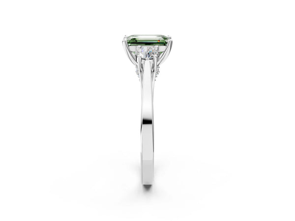 Platinum Fancy Green Emerald Cut Diamond Three-Stone Engagement Ring with Prong Setting and Pavé Band