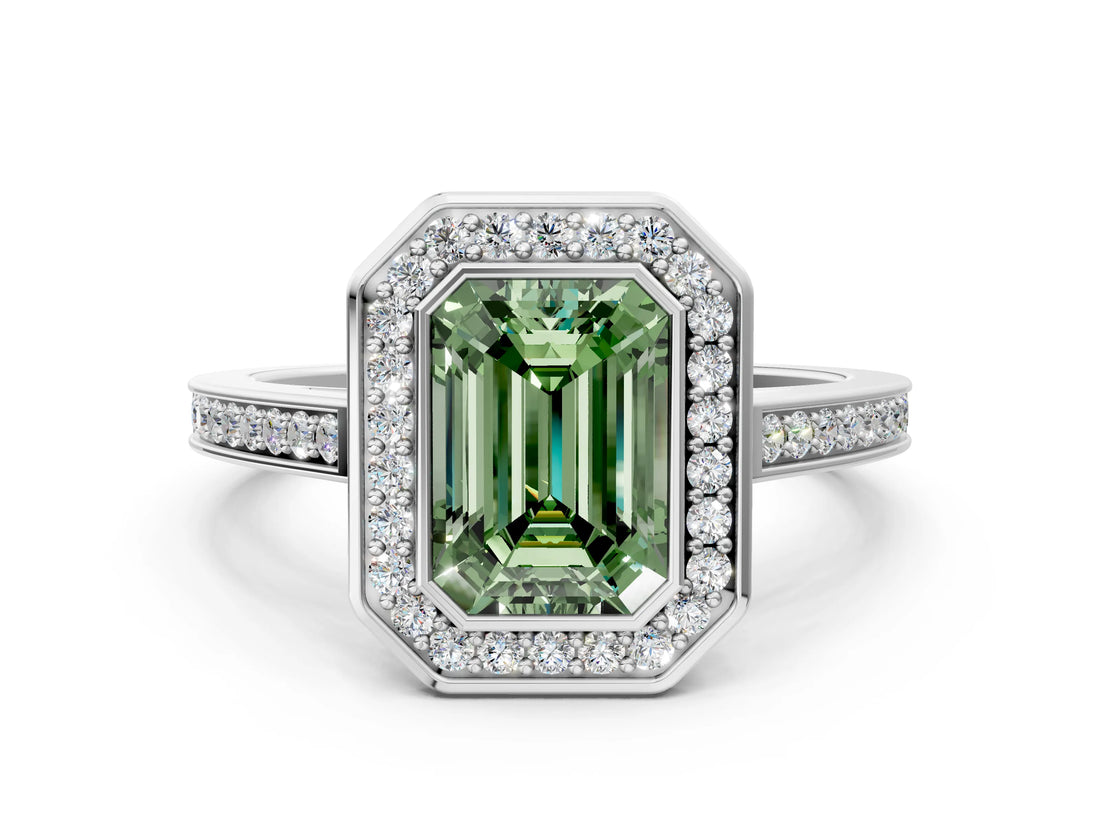 Platinum Fancy Green Emerald Cut Halo Bezel Diamond Pave Band Ring_6