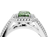 Platinum Fancy Green Emerald Cut Halo Diamond Ring with Beaded Split Shank and Four-Prong Setting_10
