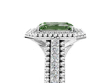 Platinum Fancy Green Emerald Cut Halo Diamond Ring with Beaded Split Shank and Four-Prong Setting_11