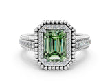 Platinum Fancy Green Emerald Cut Halo Diamond Ring with Beaded Split Shank and Four-Prong Setting_6