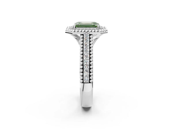 Platinum Emerald Cut Beaded Halo Engagement Ring Setting for Fancy Green Center with Pave