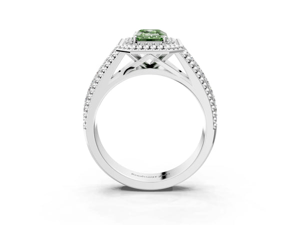 Platinum Emerald Cut Beaded Halo Engagement Ring Setting for Fancy Green Center with Pave