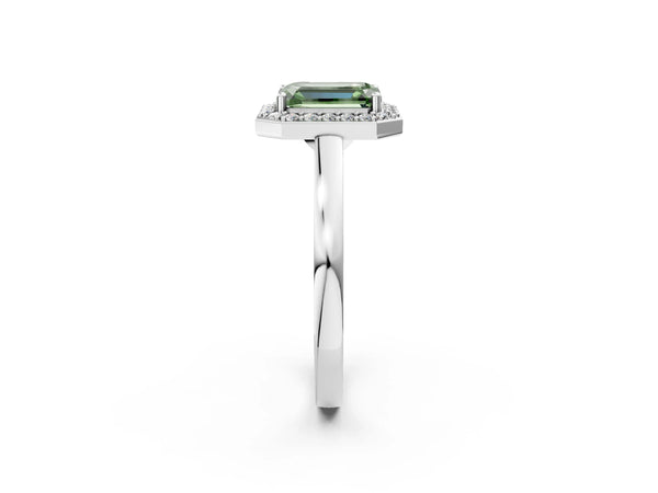 Platinum Fancy Green Emerald Cut Halo Diamond Ring with Solitaire Band and Prong Setting