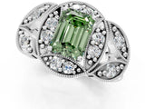 Platinum Fancy Green Emerald Cut Halo Milgrain Diamond Engagement Ring with Leaf Band and Four-Prong Setting_13