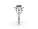 Platinum Fancy Green Emerald Cut Halo Milgrain Diamond Engagement Ring with Leaf Band and Four-Prong Setting_14