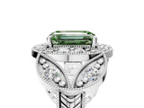 Platinum Fancy Green Emerald Cut Halo Milgrain Diamond Engagement Ring with Leaf Band and Four-Prong Setting_17