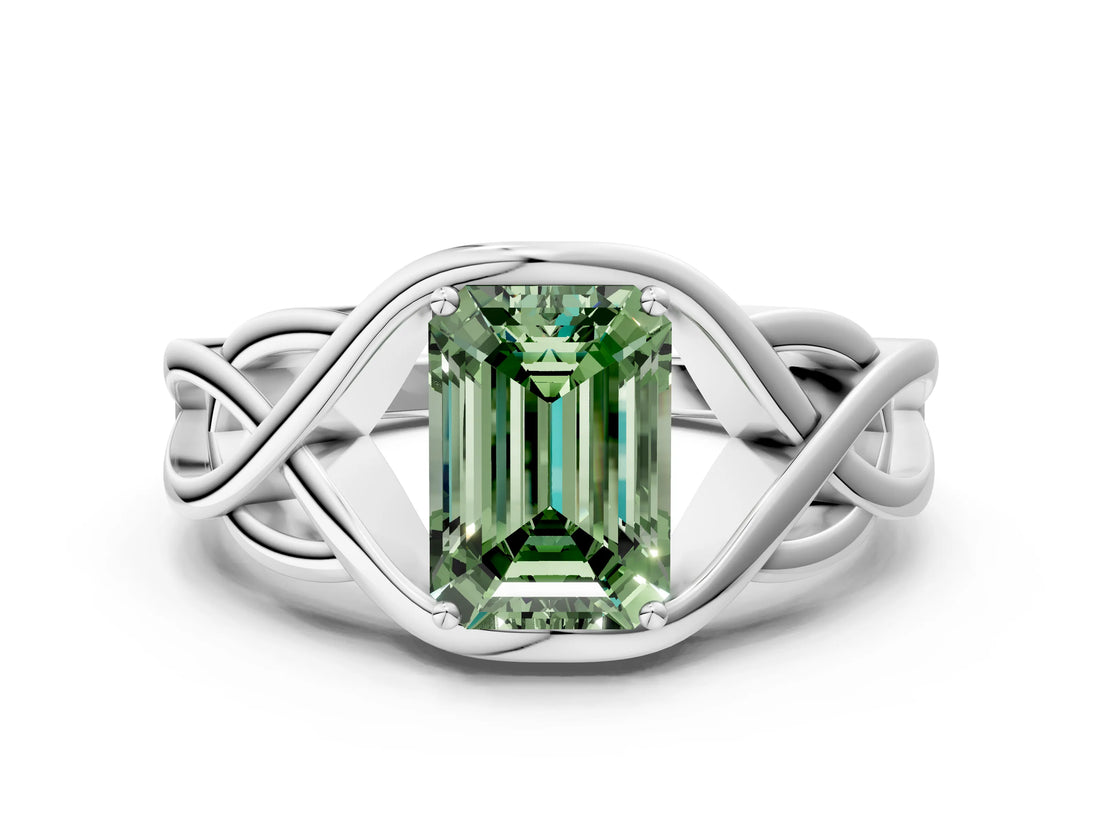 Platinum Fancy Green Emerald Cut Solitaire Intertwined Band Prong Setting Ring_6