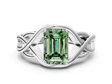Platinum Fancy Green Emerald Cut Solitaire Intertwined Band Prong Setting Ring_6