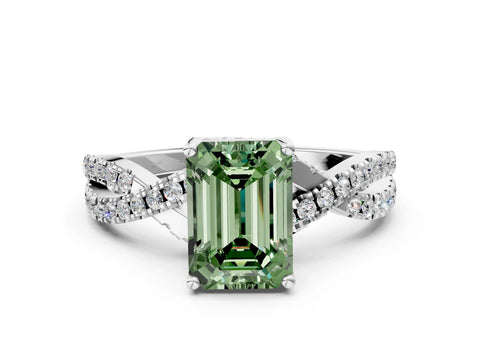 Platinum Fancy Green Emerald Cut Solitaire Twist Pave Diamond Engagement Ring with Prong Setting_42